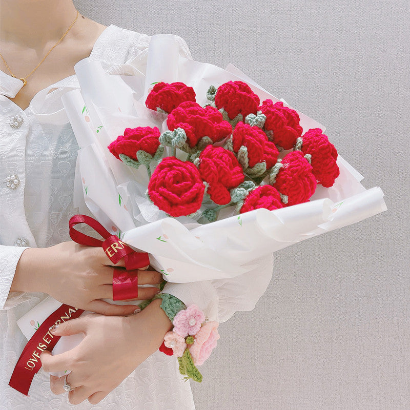 9 Inch Red Knitted Rose Bouquet 10 Pcs Handmade Crochet Artificial Flowers for Wedding Gifts