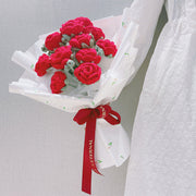 9 Inch Red Knitted Rose Bouquet 10 Pcs Handmade Crochet Artificial Flowers for Wedding Gifts
