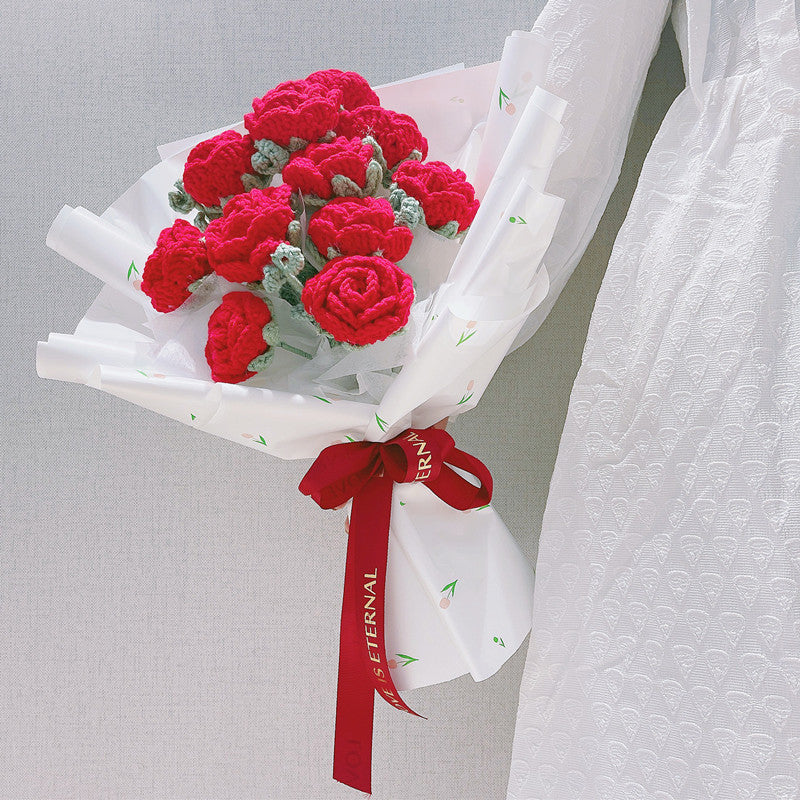 9 Inch Red Knitted Rose Bouquet 10 Pcs Handmade Crochet Artificial Flowers for Wedding Gifts