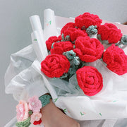 9 Inch Red Knitted Rose Bouquet 10 Pcs Handmade Crochet Artificial Flowers for Wedding Gifts