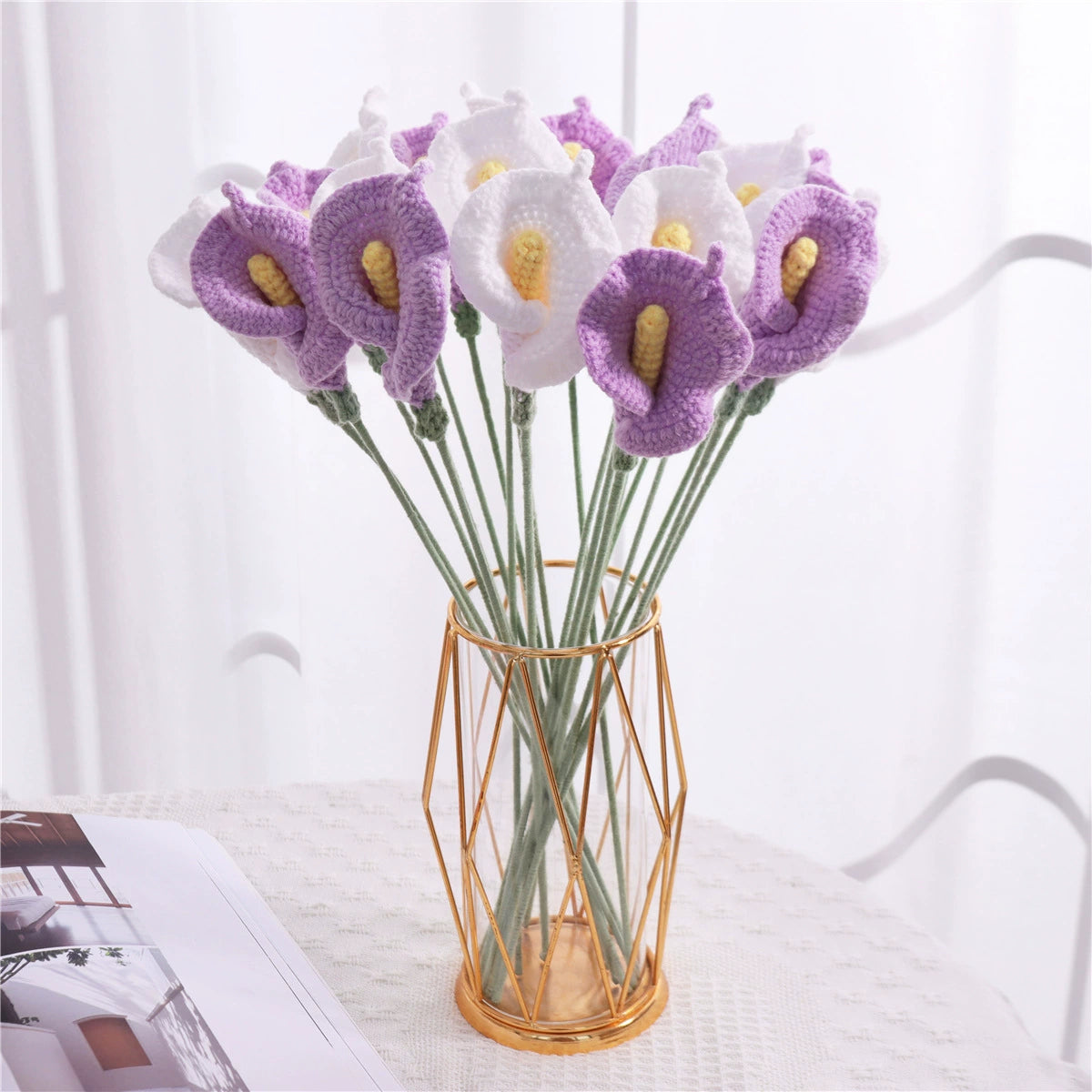 Handmade Crochet Calla Lily Flowers - Set of 10, 16.93 Inch Knitted Faux Flowers for Home Decor, Tabletop & Living Room