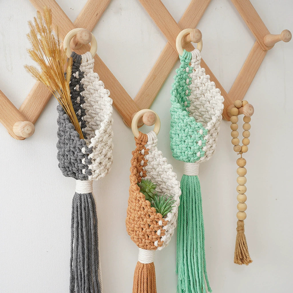 Handmade Macrame Plant Hanger, Boho Wall Hanging Basket for Succulents & Air Plants