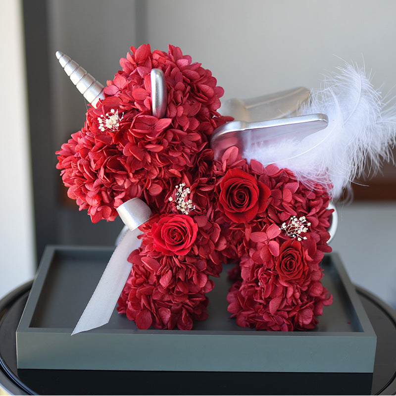 Handmade Artificial Rose Unicorn Figurine Valentine's Day Gift Decorative Collectible