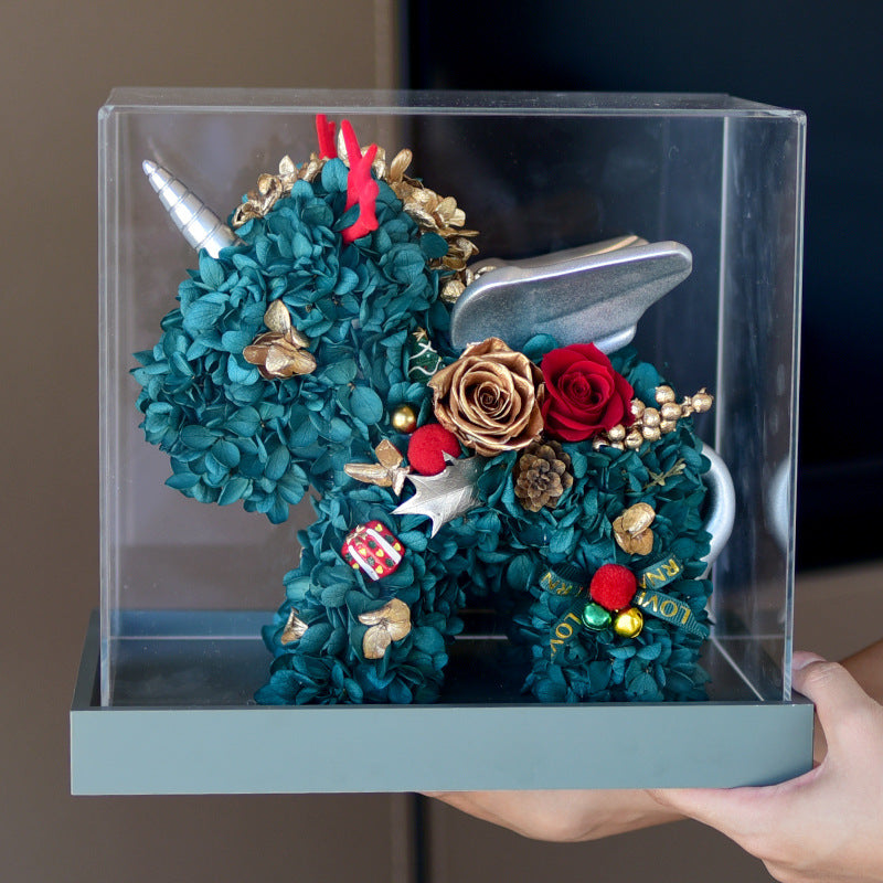 Handmade Artificial Rose Unicorn Figurine Valentine's Day Gift Decorative Collectible