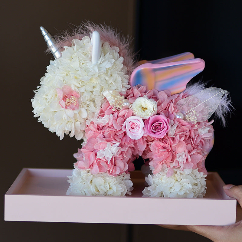 Handmade Artificial Rose Unicorn Figurine Valentine's Day Gift Decorative Collectible