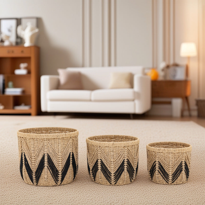 Handwoven Paper Cord Storage Baskets - 3 Sizes (L/M/S) | Light Brown & Black Decorative Organizers