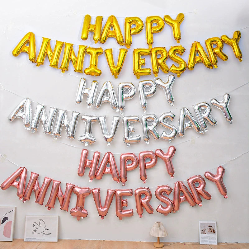 Happy Anniversary Foil Balloon Set - 16 Inch Anniversary Decorations (Gold, Silver, Rose Gold)