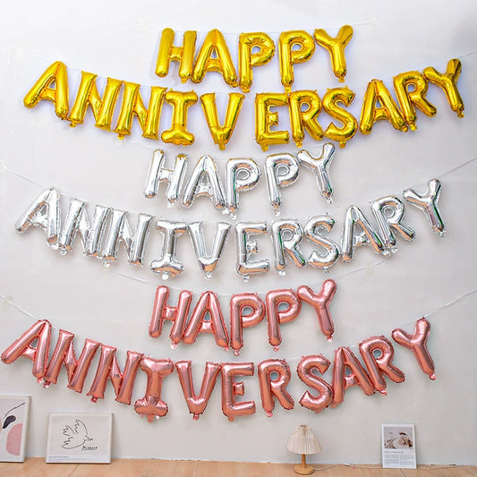 Happy Anniversary Foil Balloon Set - 16 Inch Anniversary Decorations (Gold, Silver, Rose Gold)