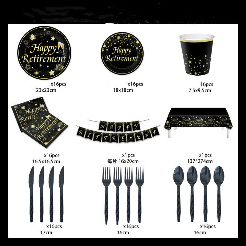 Happy Retirement Gold Theme 9-Piece Disposable Party Set - Plates, Cups, Napkins & Tablecloth