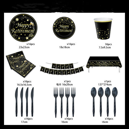 Happy Retirement Gold Theme 9-Piece Disposable Party Set - Plates, Cups, Napkins & Tablecloth