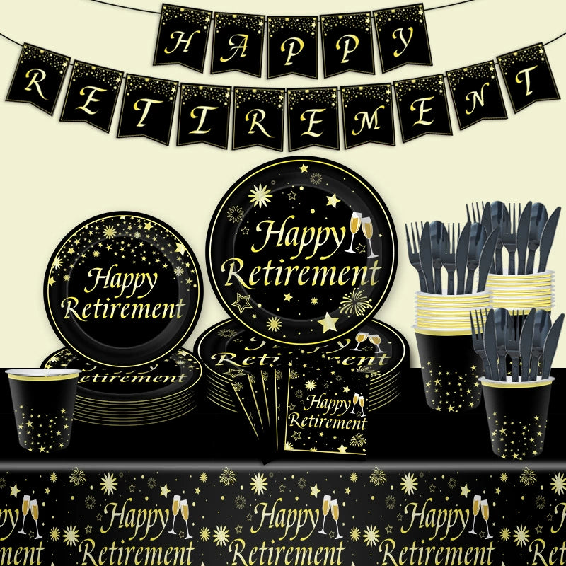 Happy Retirement Gold Theme 9-Piece Disposable Party Set - Plates, Cups, Napkins & Tablecloth
