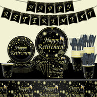 Happy Retirement Gold Theme 9-Piece Disposable Party Set - Plates, Cups, Napkins & Tablecloth