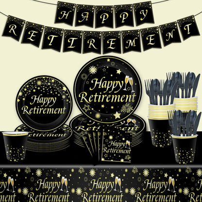 Happy Retirement Gold Theme 9-Piece Disposable Party Set - Plates, Cups, Napkins & Tablecloth