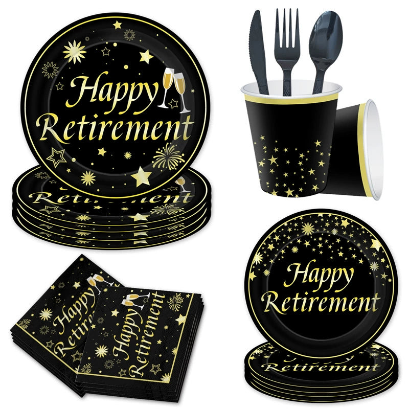 Happy Retirement Gold Theme 9-Piece Disposable Party Set - Plates, Cups, Napkins & Tablecloth