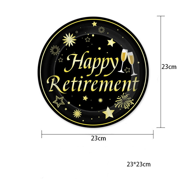 Happy Retirement Gold Theme 9-Piece Disposable Party Set - Plates, Cups, Napkins & Tablecloth