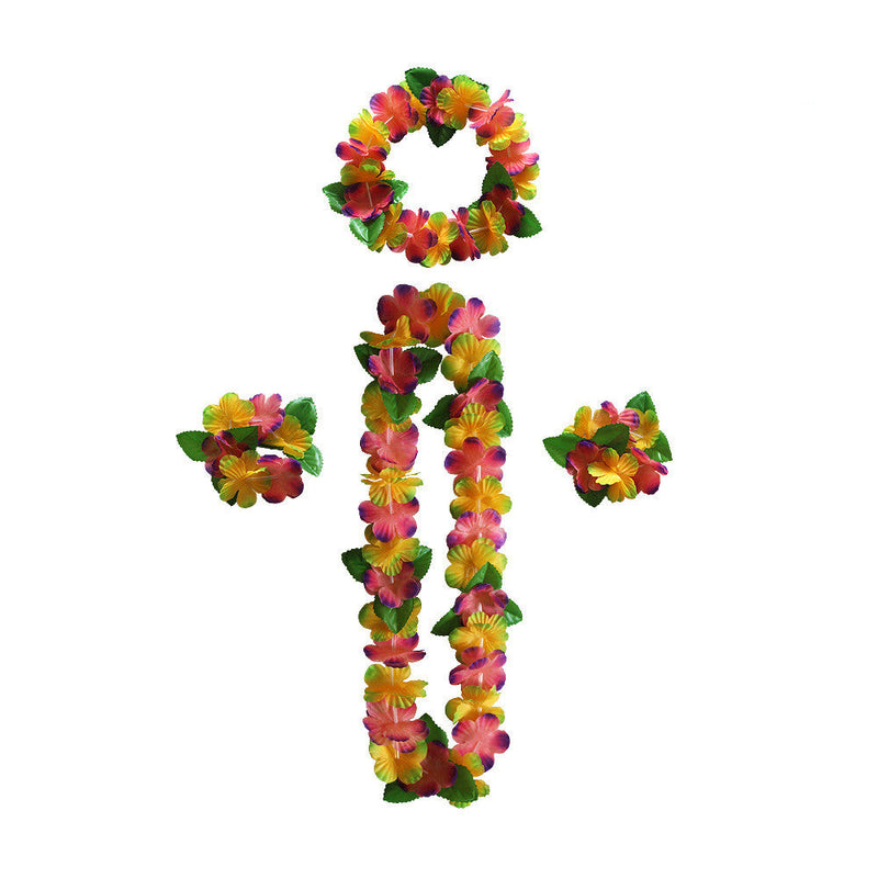4 Pcs Hawaiian Artificial Flower Leis Necklaces Headbands Wristbands for Beach Party