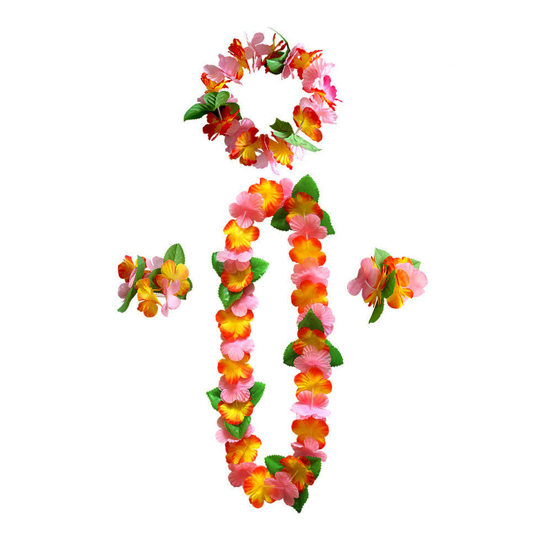 4 Pcs Hawaiian Artificial Flower Leis Necklaces Headbands Wristbands for Beach Party