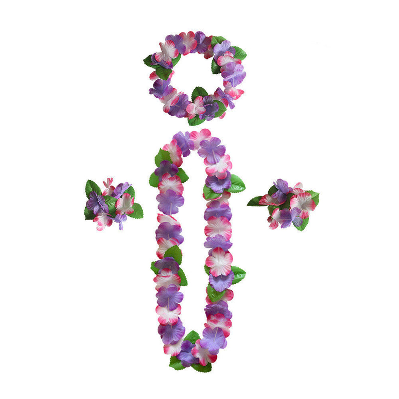 4 Pcs Hawaiian Artificial Flower Leis Necklaces Headbands Wristbands for Beach Party