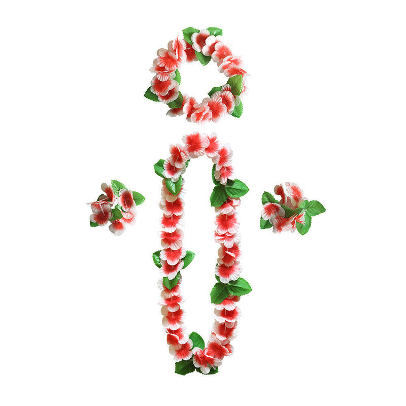 4 Pcs Hawaiian Artificial Flower Leis Necklaces Headbands Wristbands for Beach Party