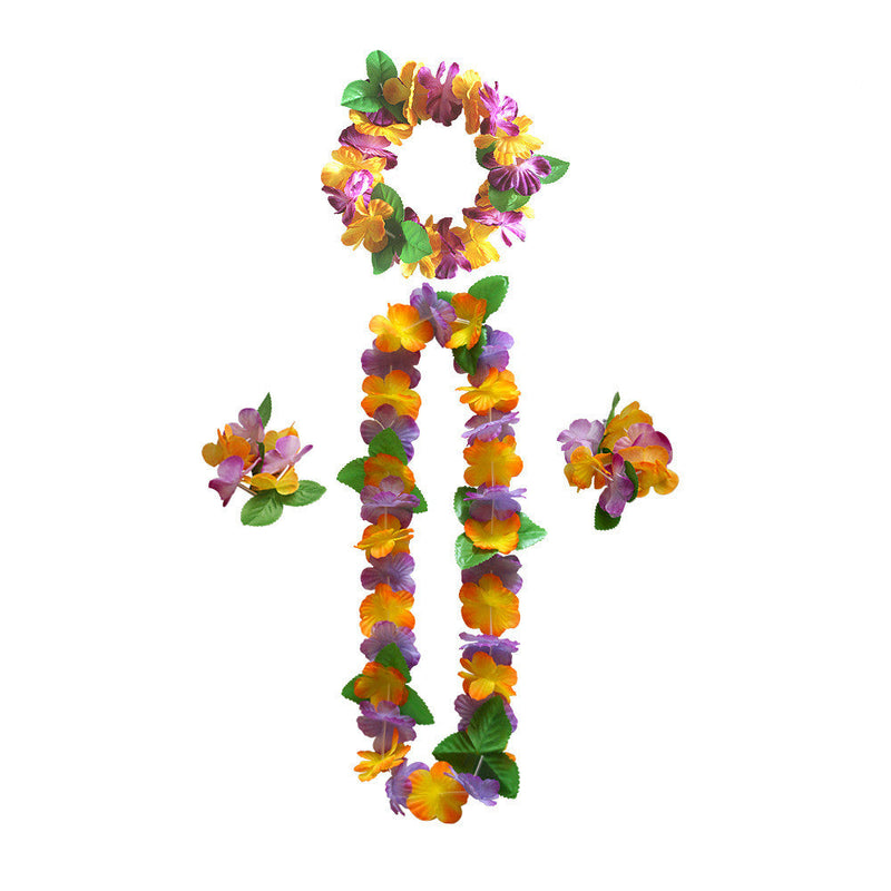 4 Pcs Hawaiian Artificial Flower Leis Necklaces Headbands Wristbands for Beach Party