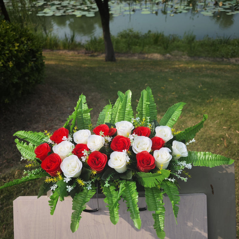 White and Red Artificial Rose Cemetery Flower Saddle Bouquet Bulk Wholesale