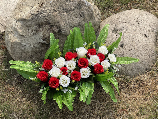 White and Red Artificial Rose Cemetery Flower Saddle Bouquet Bulk Wholesale