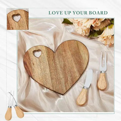 Heart-Shaped Wooden Cheese Board Set with Knife & Fork - 11.81×11.81×0.79 Inch Serving Platter for Cheese, Fruits & Charcuterie