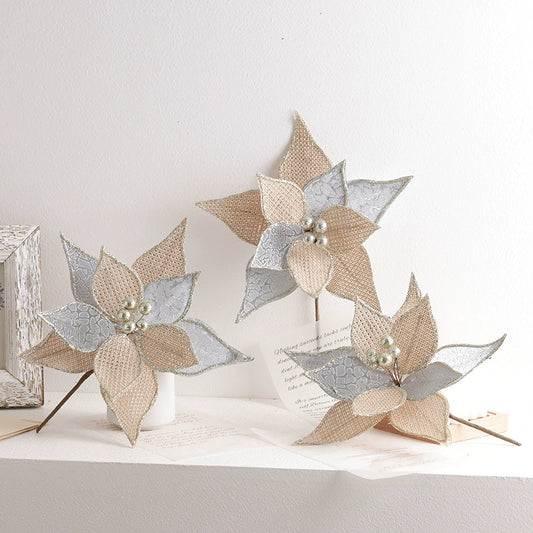 High-End Burlap Poinsettia Christmas Flower - 10.2 Artificial Floral Pick for Wreaths, Arrangements & Holiday Decor