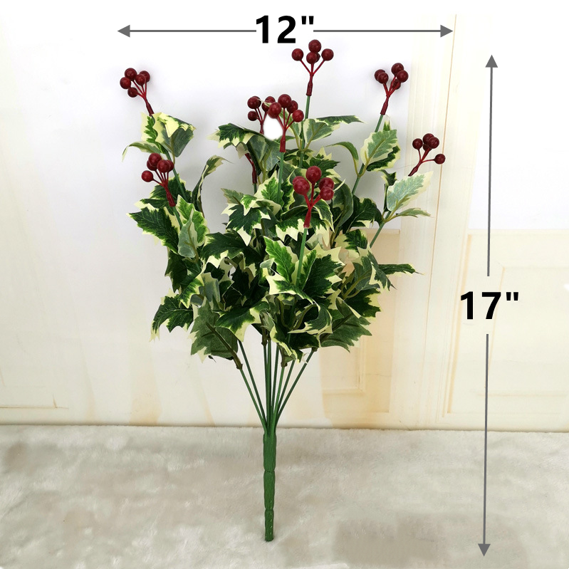 17 Inch Artificial Holly Leaves and Berries Bush, Holiday Home Décor, Bulk Quantity