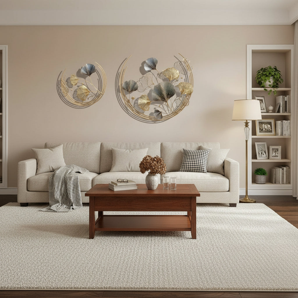 Home Metal Wall Decor Golden Ginkgo Leaves Metal Wall Decor with Frame