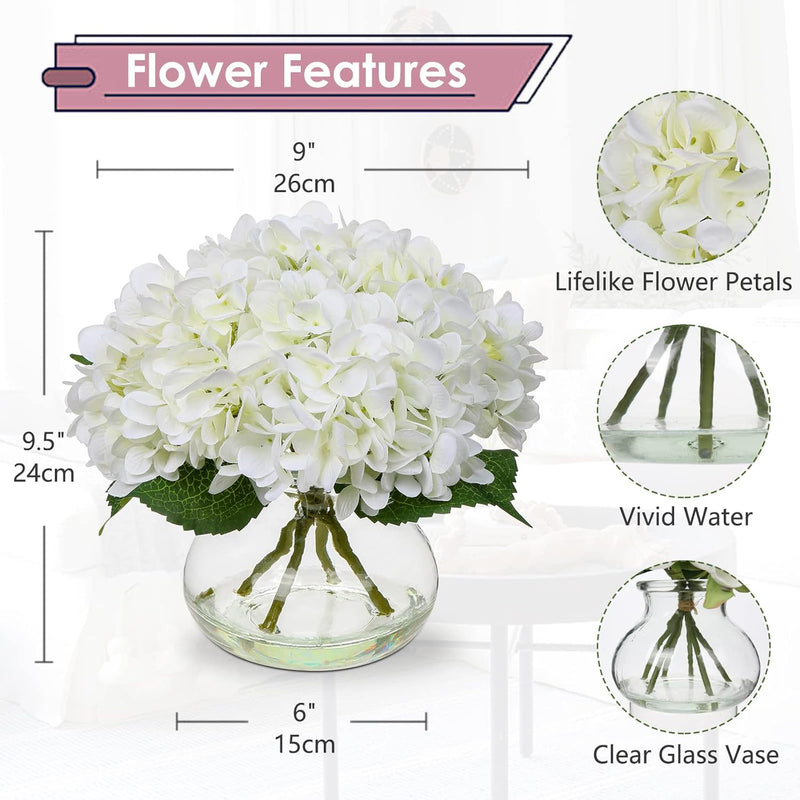 Real Touch White Hydrangea Artificial Flowers 10 Pcs with Vase for Table Centerpieces
