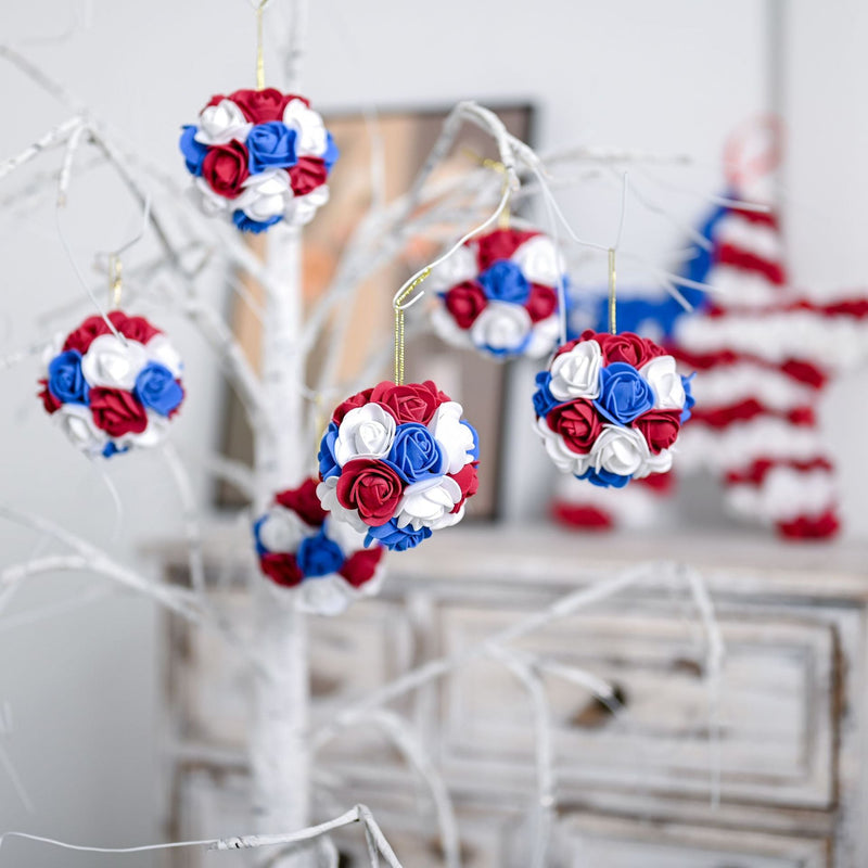 6 Pcs 3 Inch Artificial Hanging Rose Flower Balls Patriotic USA Independence Day Memorial Day Decor
