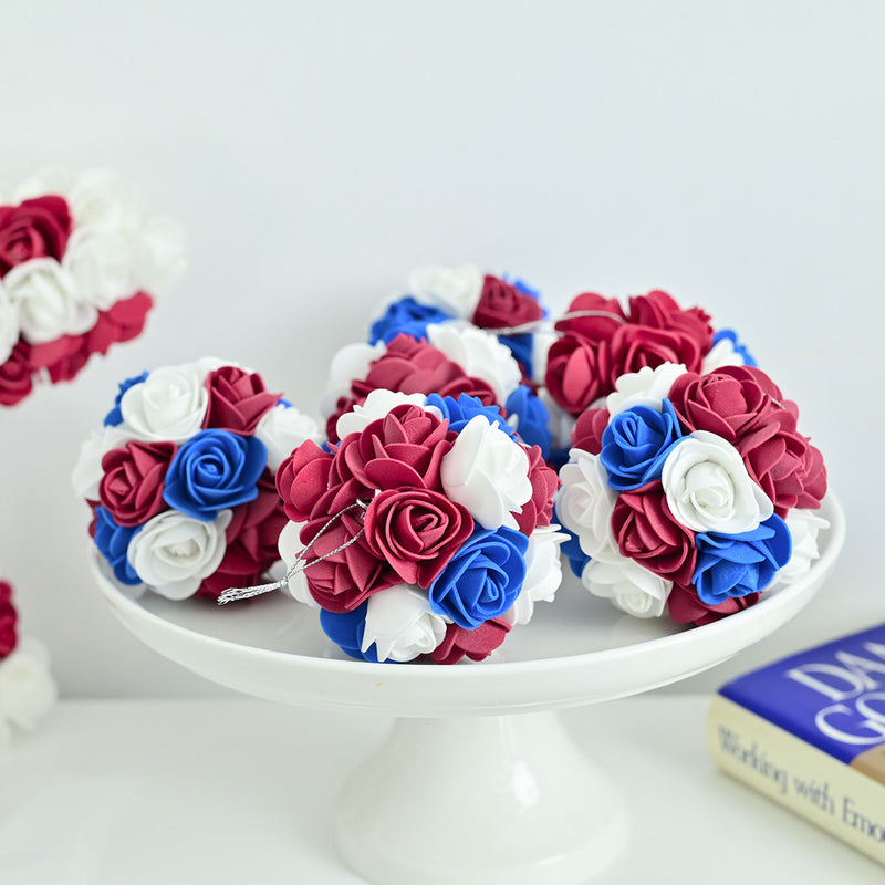 6 Pcs 3 Inch Artificial Hanging Rose Flower Balls Patriotic USA Independence Day Memorial Day Decor