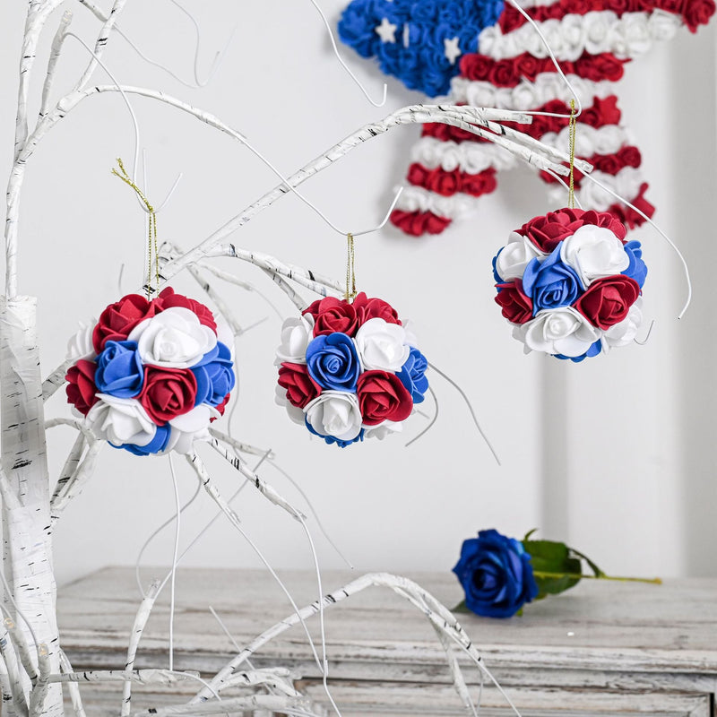6 Pcs 3 Inch Artificial Hanging Rose Flower Balls Patriotic USA Independence Day Memorial Day Decor