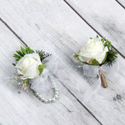 Ivory Rose Wrist Corsage and Boutonniere Set, Bulk Quantity, Artificial Flowers