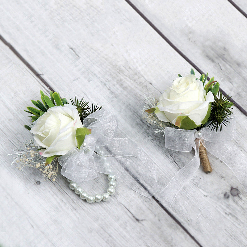Ivory Rose Wrist Corsage and Boutonniere Set, Bulk Quantity, Artificial Flowers