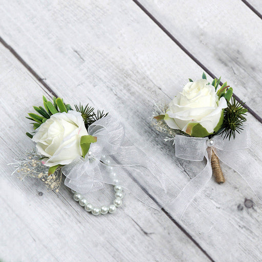 Ivory Rose Wrist Corsage and Boutonniere Set, Bulk Quantity, Artificial Flowers