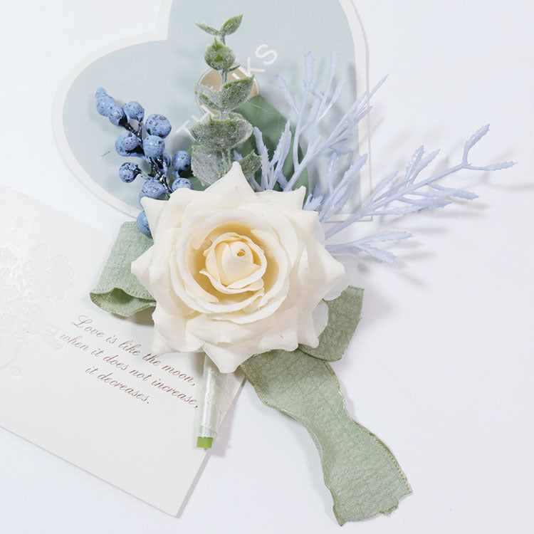 Bulk 12 Pcs White Ivory Eucalyptus Boutonniere with Greenery Artificial Silk Flowers