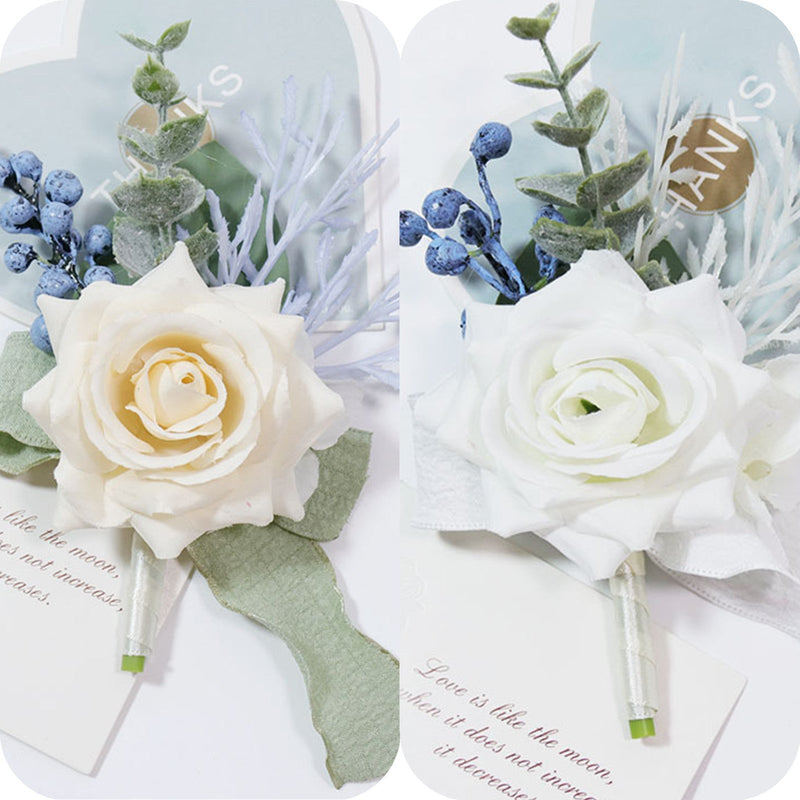 Bulk 12 Pcs White Ivory Eucalyptus Boutonniere with Greenery Artificial Silk Flowers