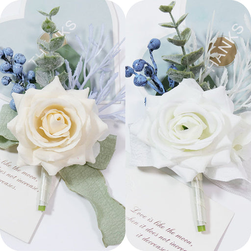 Bulk 12 Pcs White Ivory Eucalyptus Boutonniere with Greenery Artificial Silk Flowers