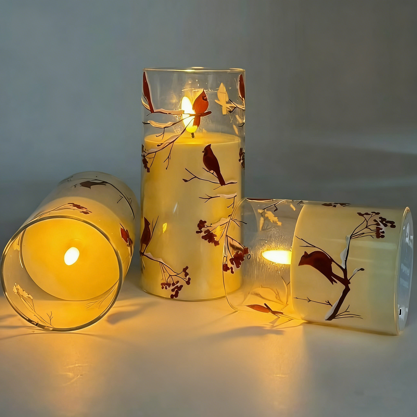 LED Christmas Candle, Red Bird & Berry Pattern Decorative Lamp, 8.07"x6.3"x3.23" - Ambient Light for Holiday Decor