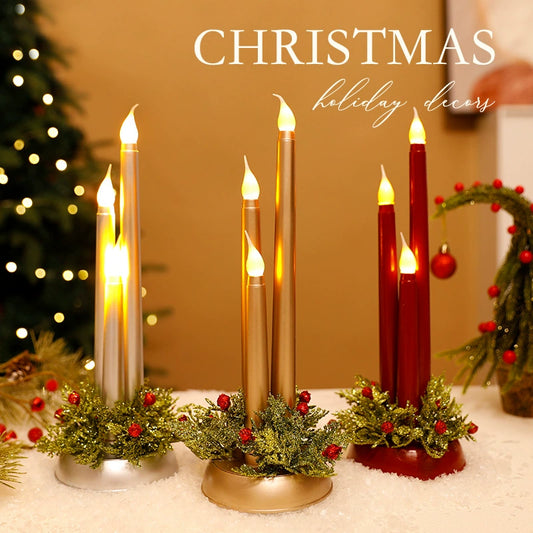 LED Christmas Candles, 3-Piece Tall Candle Decor with Realistic Flames, Holiday Decoration  3.94"x3.94"x11.81"