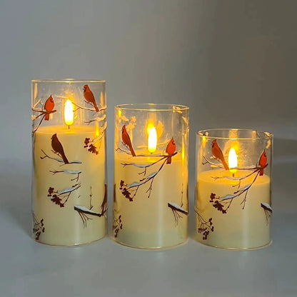 LED Christmas Candle, Red Bird & Berry Pattern Decorative Lamp, 8.07"x6.3"x3.23" - Ambient Light for Holiday Decor