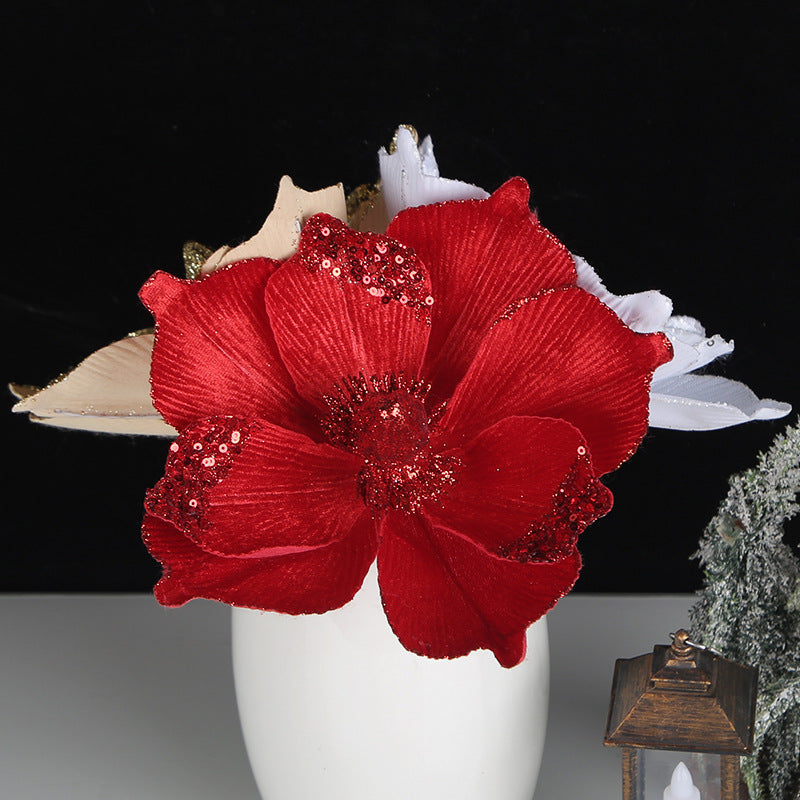 Large Glitter Artificial Flowers 10 Pcs 6 Inch Christmas Tree Wreath DIY Ornaments Bulk