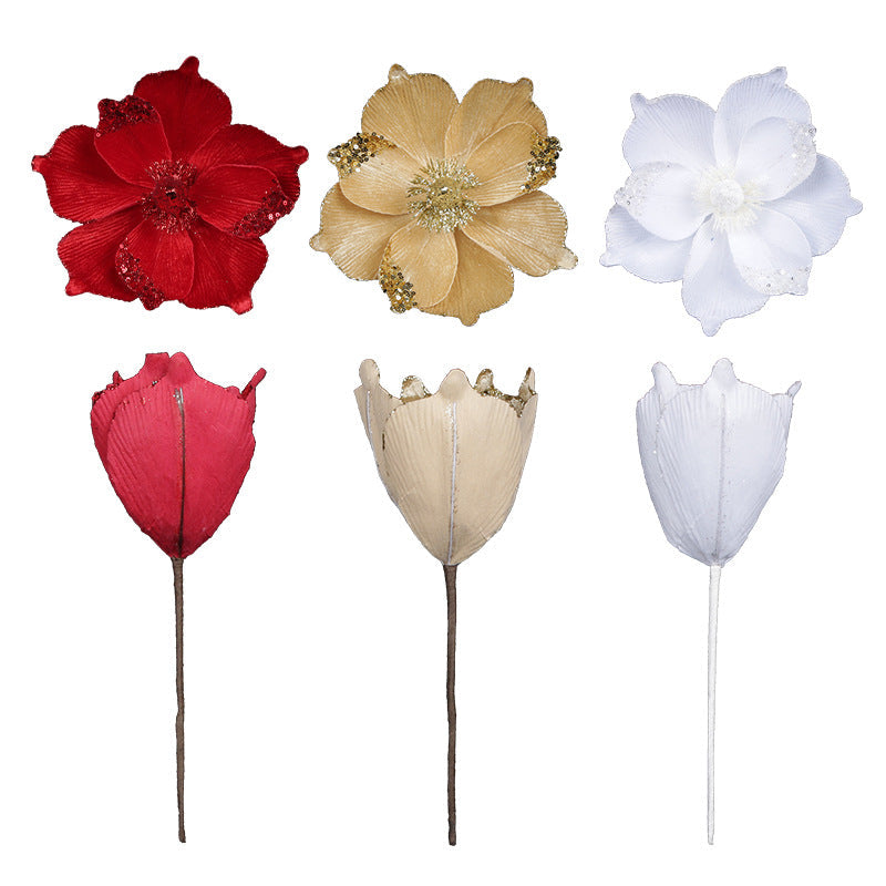 Large Glitter Artificial Flowers 10 Pcs 6 Inch Christmas Tree Wreath DIY Ornaments Bulk