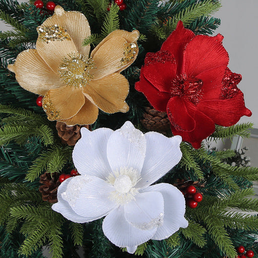 Large Glitter Artificial Flowers 10 Pcs 6 Inch Christmas Tree Wreath DIY Ornaments Bulk