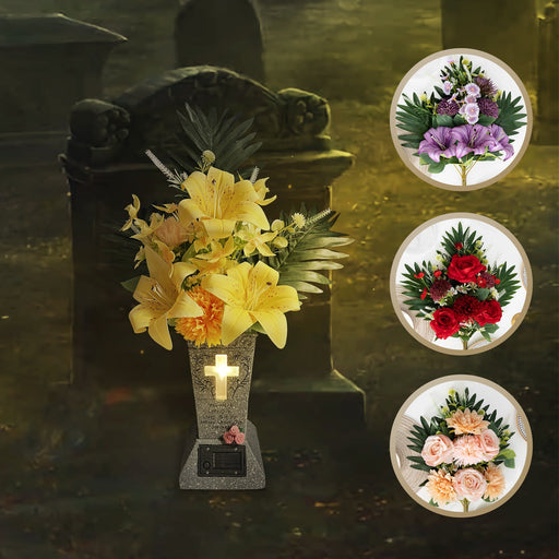 23.6 Inch Artificial Angel Flowers with Solar LED Lights, Large Cemetery Grave Vase with Spikes, Bulk Wholesale