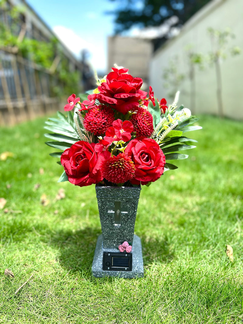23.6 Inch Artificial Angel Flowers with Solar LED Lights, Large Cemetery Grave Vase with Spikes, Bulk Wholesale