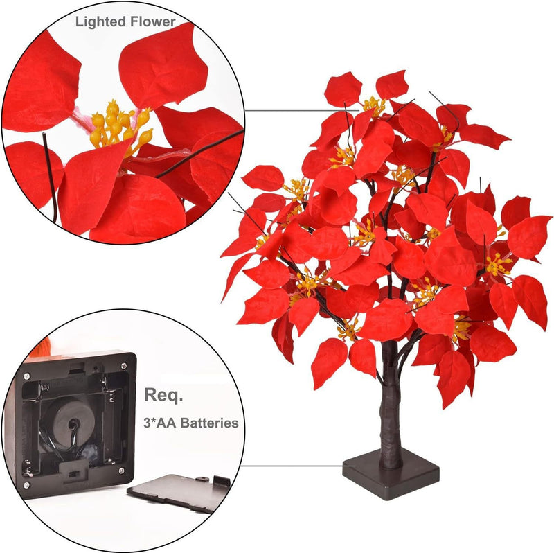 Lighted Artificial Poinsettia Flower Tree, Battery Operated, Tabletop Decor, Bulk Quantity