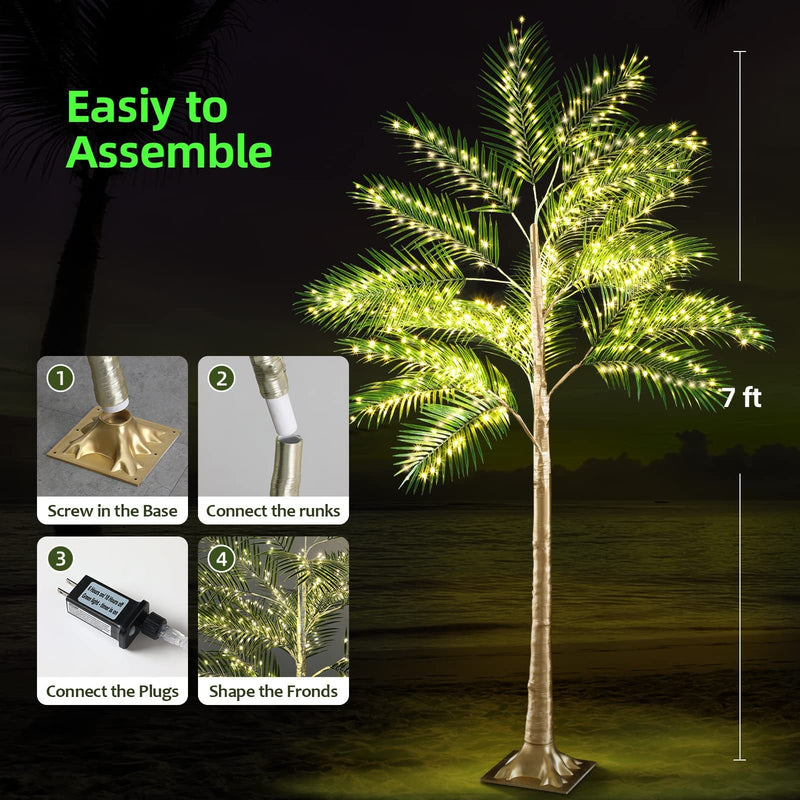 Lighted Artificial Palm Tree with Warm LED Lights, Greenery Decor with Adapter, Indoor Outdoor Patio Pool Tiki